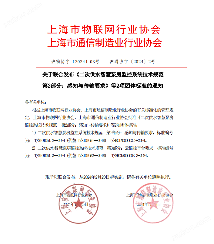 上海市物联网行业协会上海市通信制造业行业协会关于联合发布《二次供水智慧泵房监控系统技术规范第2部分：感知与传输要求》等两项团体标准的通知